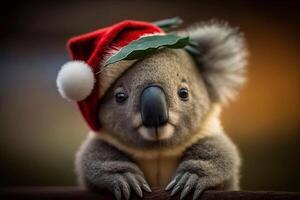 koala indossare Babbo Natale Santa cappello su Natale vigilia ai generato soddisfare foto