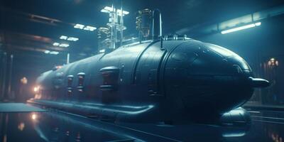 futuristico sottomarino nel subacqueo hangar con blu leggero effetti ai generato foto