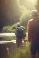 esplorando il all'aperto gruppo escursioni a piedi e campeggio di il fiume con zaini ai generato foto