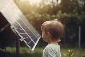 poco bambino in piedi di solare pannello con verde bokeh sfondo e sole raggi ai generato foto