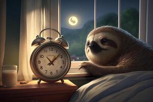 stanco e esausto bradipo bugie nel accogliente letto nel il sera ai generato foto