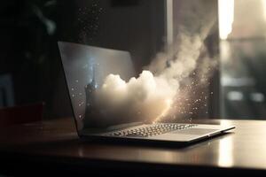 disastroso scena il computer portatile esplosione crea massiccio polvere nube su ufficio scrivania ai generato foto