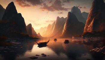 fiume serenata maestoso Cinese paesaggio con tramonto incandescenza, Barche, e montagne ai generato foto