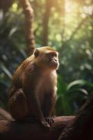 minuscolo scimmia esplorando lussureggiante foresta pluviale fogliame ai generato foto