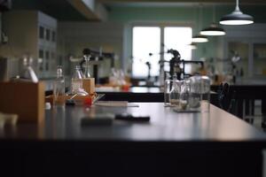 illuminato alto scuola chimica laboratorio con studenti conduzione esperimenti ai generato foto