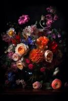 vivace mazzo un' pittura di colorato fiori contro un' buio sfondo ai generato foto