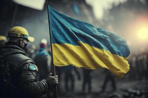ucraino bandiera onde in mezzo proteste un' simbolo di la libertà ai generato foto