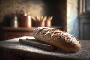 indulgere nel il croccante e delizioso francese baguette nel un' rustico ambientazione ai generato foto