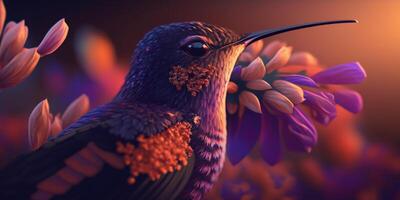 volante colibrì avvicinamento nel viola colore schema ai generato illustrazione foto