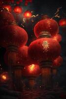 incantevole Cinese nuovo anno celebrazione con rosso lanterne illuminante il notte ai generato foto