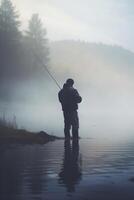 pesca a alba pescatore nel il nebbioso lago con pesca asta ai generato foto