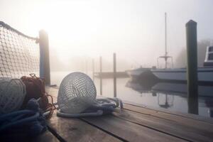 nebbioso mattina su il molo pesca Ingranaggio e Barche ai generato foto