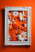 incorniciato arancia e bianca floreale fiori su un' vivace arancia sfondo ai generato foto