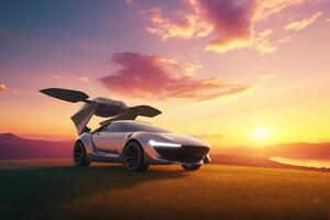 volante auto futuristico alimentato dall'intelligenza artificiale veicolo Soaring a tramonto ai generato foto