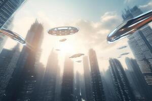 orizzonte incrociatore futuristico città esplorazione con alimentato dall'intelligenza artificiale volante macchine ai generato foto