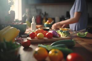 luminosa cucina con di legno controsoffitto, abbondante frutta e la verdura, e sfocato capocuoco nel il sfondo ai generato foto