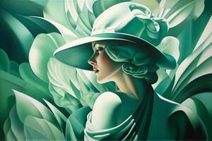 il arte deco signora nel verde un' ritratto di un' freddo bionda bellezza a partire dal il 1920 ai generato foto