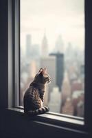 città gatto guardando su finestra a grattacieli ai generato foto