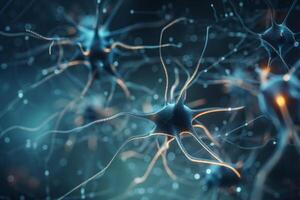 illuminato neuronale connessioni esplorando un' Rete di neuroni attraverso un' microscopio ai generato foto