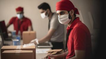 uomo nel rosso camicia indossare un' maschera. foto