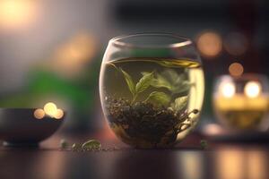 sereno ambiente con un' bicchiere di verde tè ai generato foto