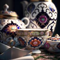 tradizionale russo porcellana un' senza tempo arte modulo con ricco colori e unico disegni ai generato foto