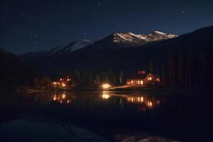 riflessi di il notte cielo un' Visualizza di un' montagna lago e illuminato villaggio ai generato foto
