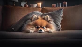 accogliente volpino cucciolo assunzione un' rilassante divano pisolino ai generato foto