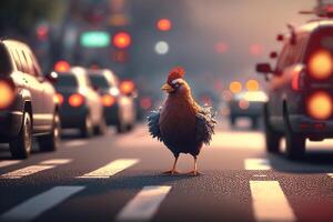 il coraggioso pollo attraversamento il occupato città strada in mezzo il luminosa luci e macchine ai generato foto