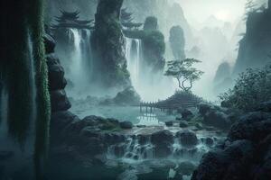 incantata Cinese paesaggio maestoso montagne, a cascata cascate, e mistico grotte ai generato foto