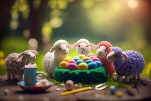 Pasqua uovo pittura festa con un' gruppo di carino poco pecora circondato di un' nido di dipinto uova ai generato foto