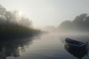 sereno solitudine un' solitario barca a remi su un' nebbioso mattina lago ai generato foto