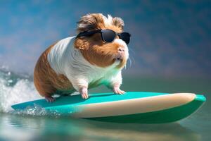 freddo Guinea maiale è fare surf su un' tavola da surf indossare occhiali da sole nel il mare ai generato foto