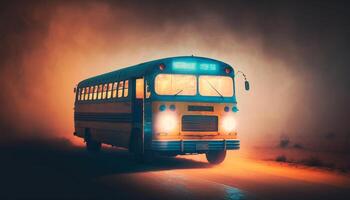 equitazione in il notte anni 80 scuola autobus su un' polveroso neon strada ai generato foto