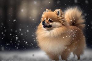 un' carino volpino cane chasing i fiocchi di neve nel il orario invernale ai generato foto