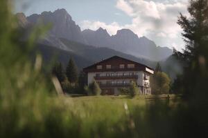 panoramico Visualizza di un' ostello nel il montagne circondato di lussureggiante verde paesaggio ai generato foto