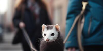 urbano avventura un' giovane donna assunzione sua furetto per un' camminare nel il città ai generato foto