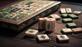 colorato Cinese mahjong impostato con piastrelle, dado e contatori su tavolo ai generato foto