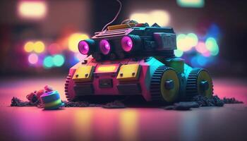 robo divertimento anni 80 giocattolo robot su color neon pavimentazione ai generato foto