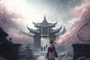 mistico ragazza si avvicina pagoda circondato di fioritura pesca alberi ai generato foto