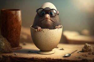 illustrazione divertente Talpa si siede nel un uovo tazza per Pasqua ai generato soddisfare foto