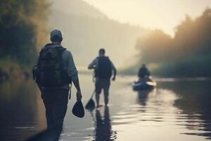 esplorando il all'aperto gruppo escursioni a piedi e campeggio di il fiume con zaini ai generato foto