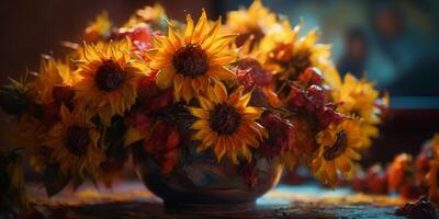 astratto ancora vita con girasoli nel un' grassetto vaso, vivace tratti di pennello e colori ai generato foto