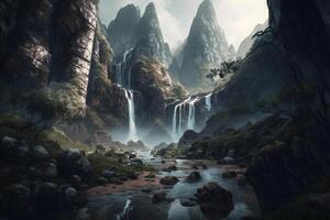 incantata Cinese paesaggio maestoso montagne, a cascata cascate, e mistico grotte ai generato foto