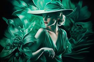 il arte deco signora nel verde un' ritratto di un' freddo bionda bellezza a partire dal il 1920 ai generato foto