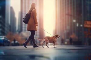 città passeggiare con canino compagno un' donna e sua cane in mezzo grattacieli durante tramonto ai generato foto