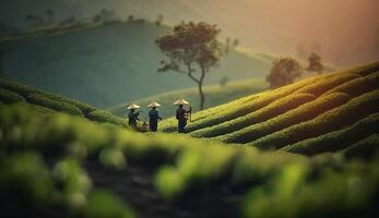 scorci di serenità indiano tè piantagione con tradizionale abbigliato lavoratori raccolta nel il lussureggiante verdura ai generato foto