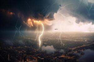 tempestoso cieli al di sopra di il città aereo Visualizza di temporale e fulmine ai generato foto