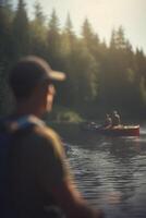 esplorando il all'aperto gruppo escursioni a piedi e campeggio di il fiume con zaini ai generato foto