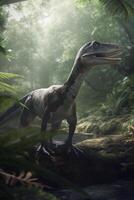 di rapace dominio realistico illustrazione di velociraptor nel suo primordiale habitat ai generato foto